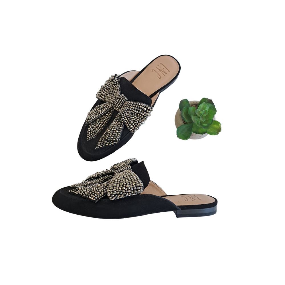 INC International Concepts Women's 7 Gannie Mules in Black Bow Embellished Flats
